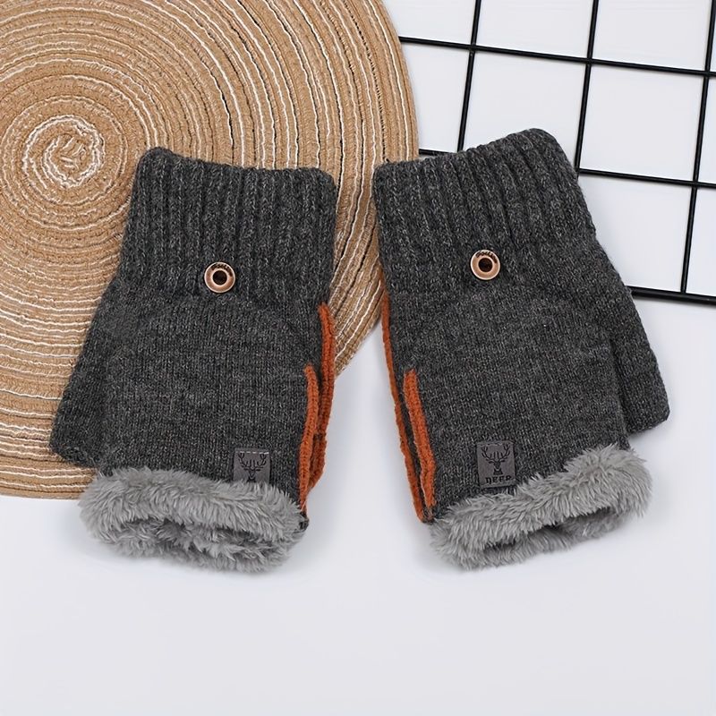 Men's Thick Knitted Flip-Top Gloves with Plush Lining view 9