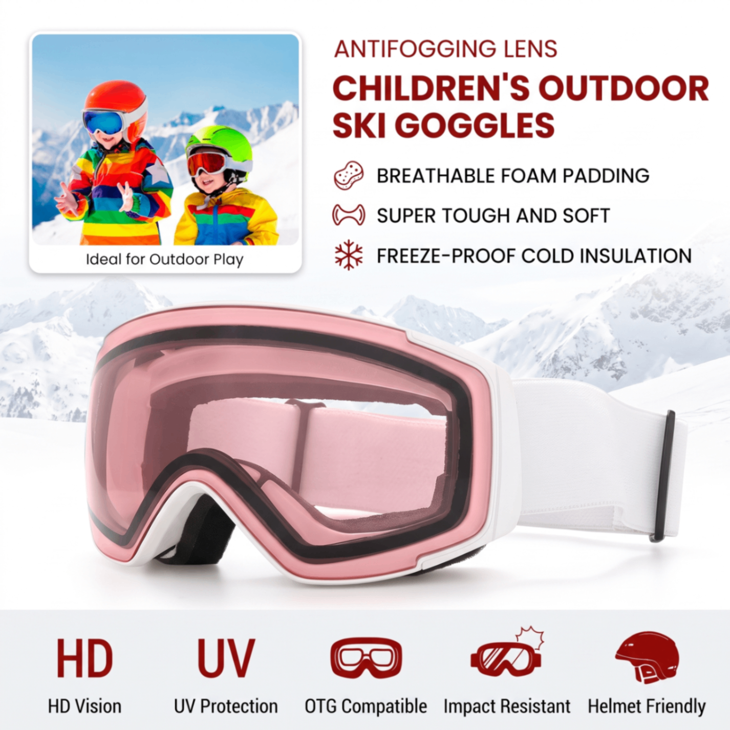 Kids Snow Goggles with Dual Layer Anti-Fog Cylindrical Lenses view 3