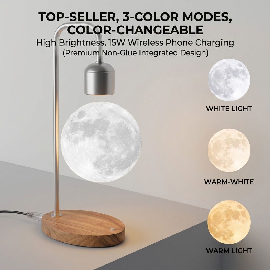 Levitating Moon Lamp with 15W Wireless Charger – 3D Printed Lunar Sphere — image 1