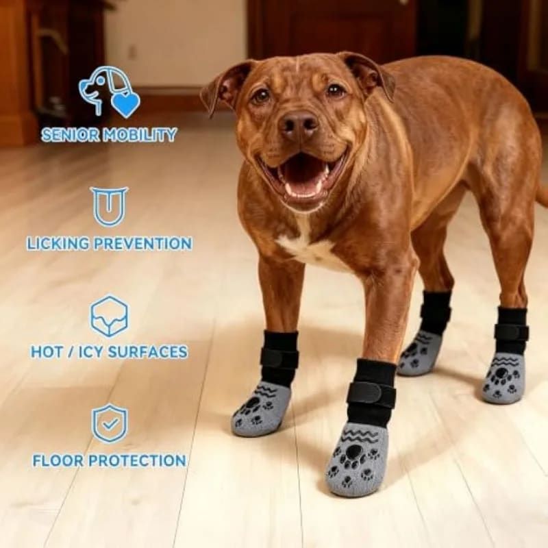 4PCS Anti-Slip Dog Socks with Adjustable Straps for Indoor Hardwood Floors and view 5