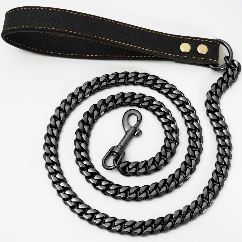 Luxury Cuban Link Dog Leash with Genuine Leather Handle – Polished Stainless — image 1