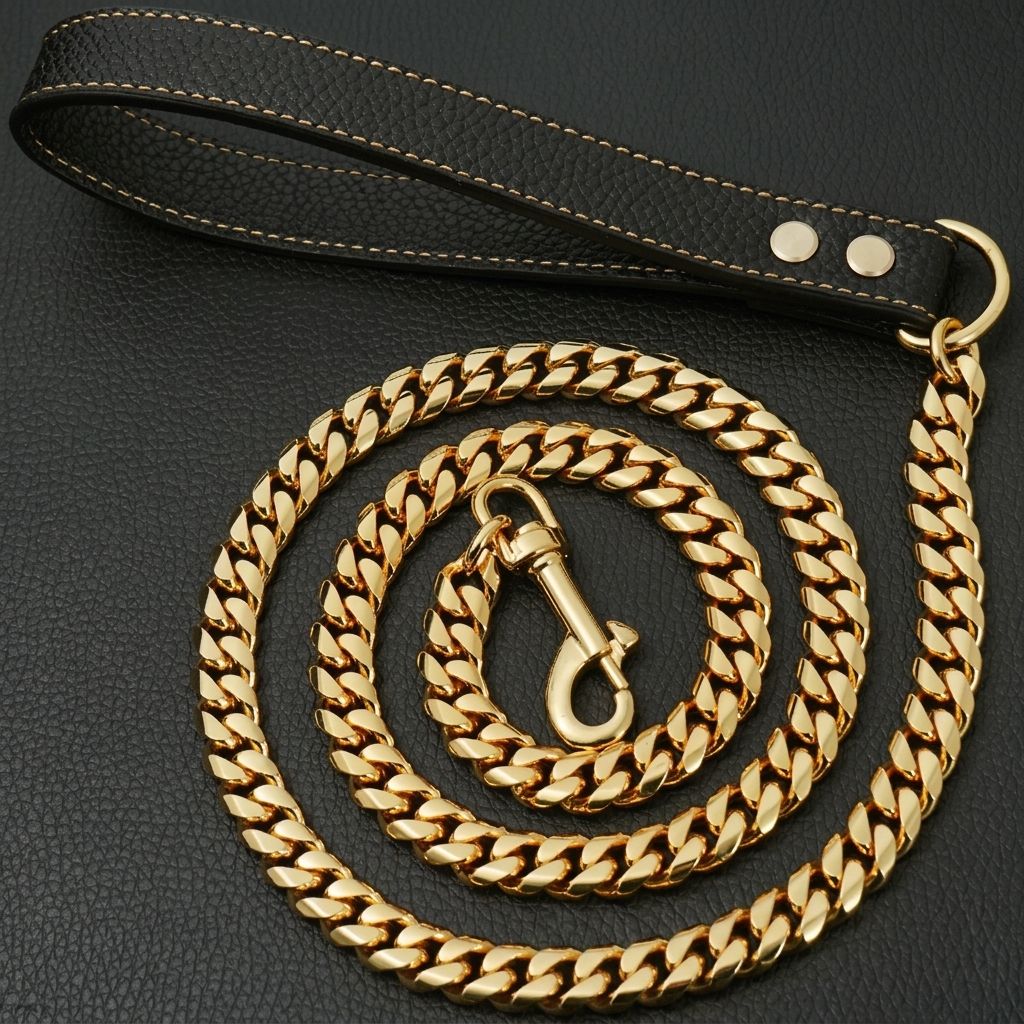Premium Cuban Link Dog Leash with Genuine Leather Handle – Heavy-Duty — image 1