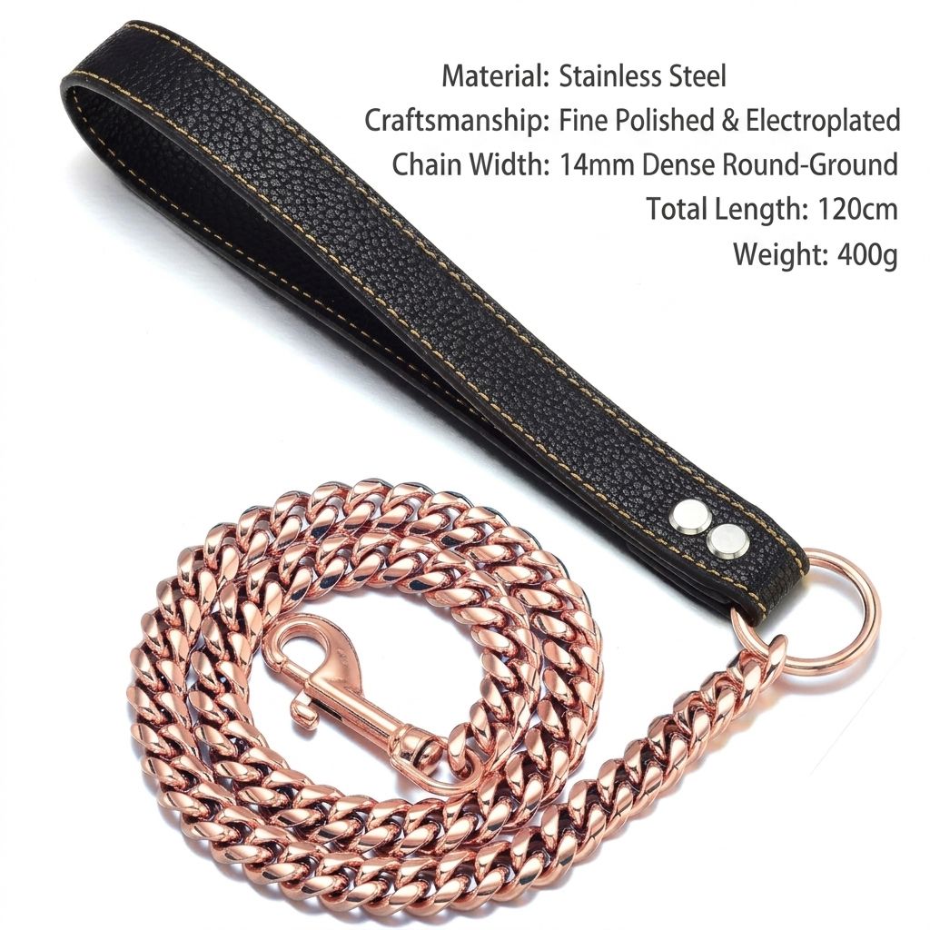 Premium Cuban Link Dog Leash with Genuine Leather Handle – Heavy-Duty view 2