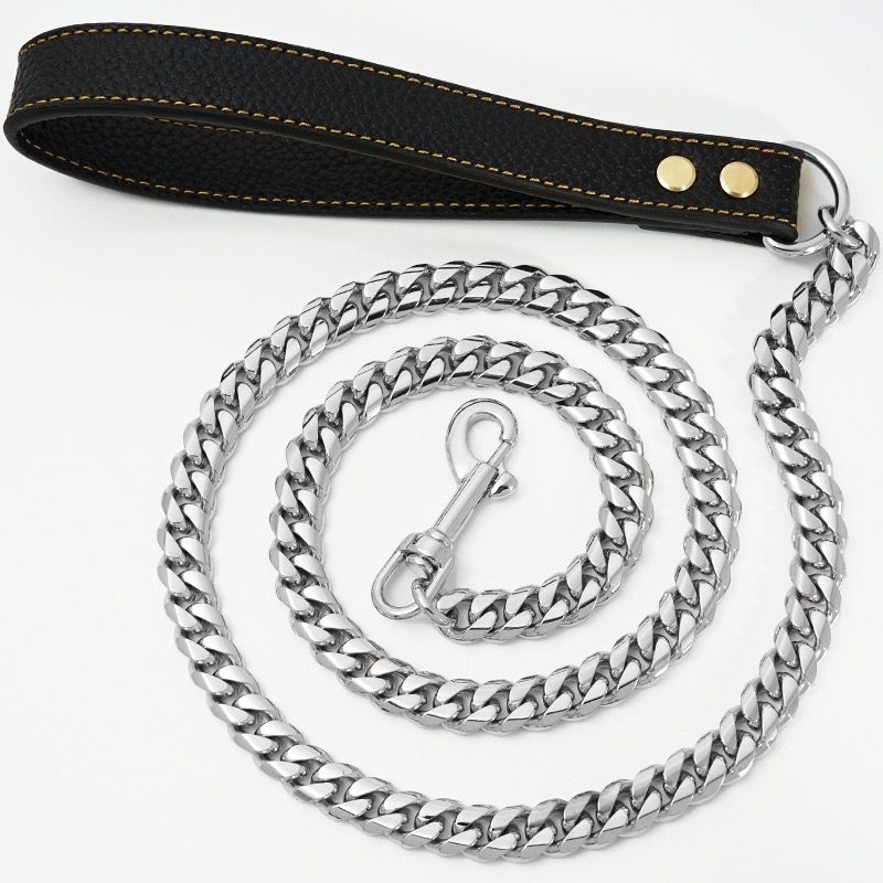 Premium Cuban Link Dog Leash with Genuine Leather Handle – Heavy-Duty view 3