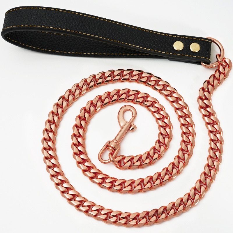 Premium Cuban Link Dog Leash with Genuine Leather Handle – Heavy-Duty view 4