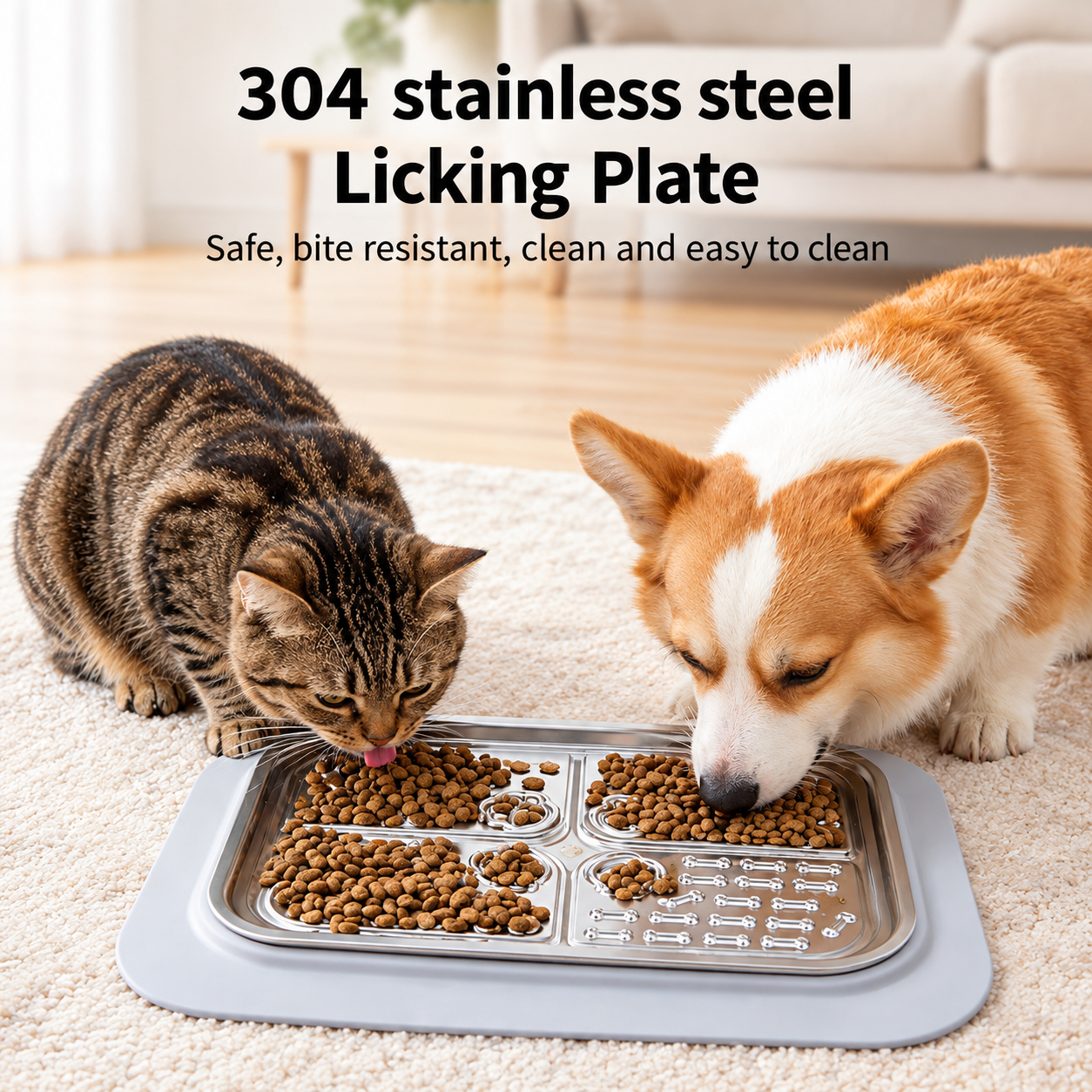 Slow Feeder Licking Mat for Pets with Stainless Steel Tray