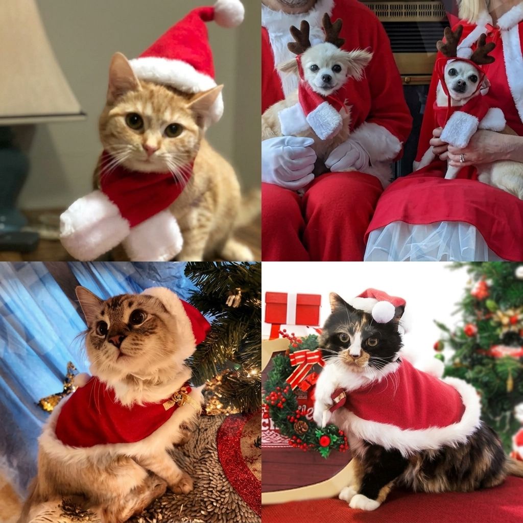 Christmas Pet Costume Set with Reindeer Antler Headband Santa Hat Scarf and view 4