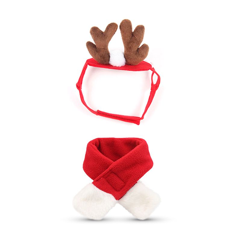 Christmas Pet Costume Set with Reindeer Antler Headband Santa Hat Scarf and view 7