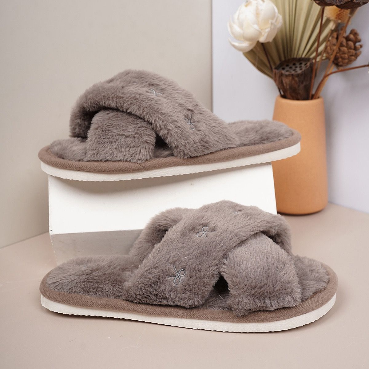 Cozy Cross-Band Plush Slippers with Embroidered Bow view 3