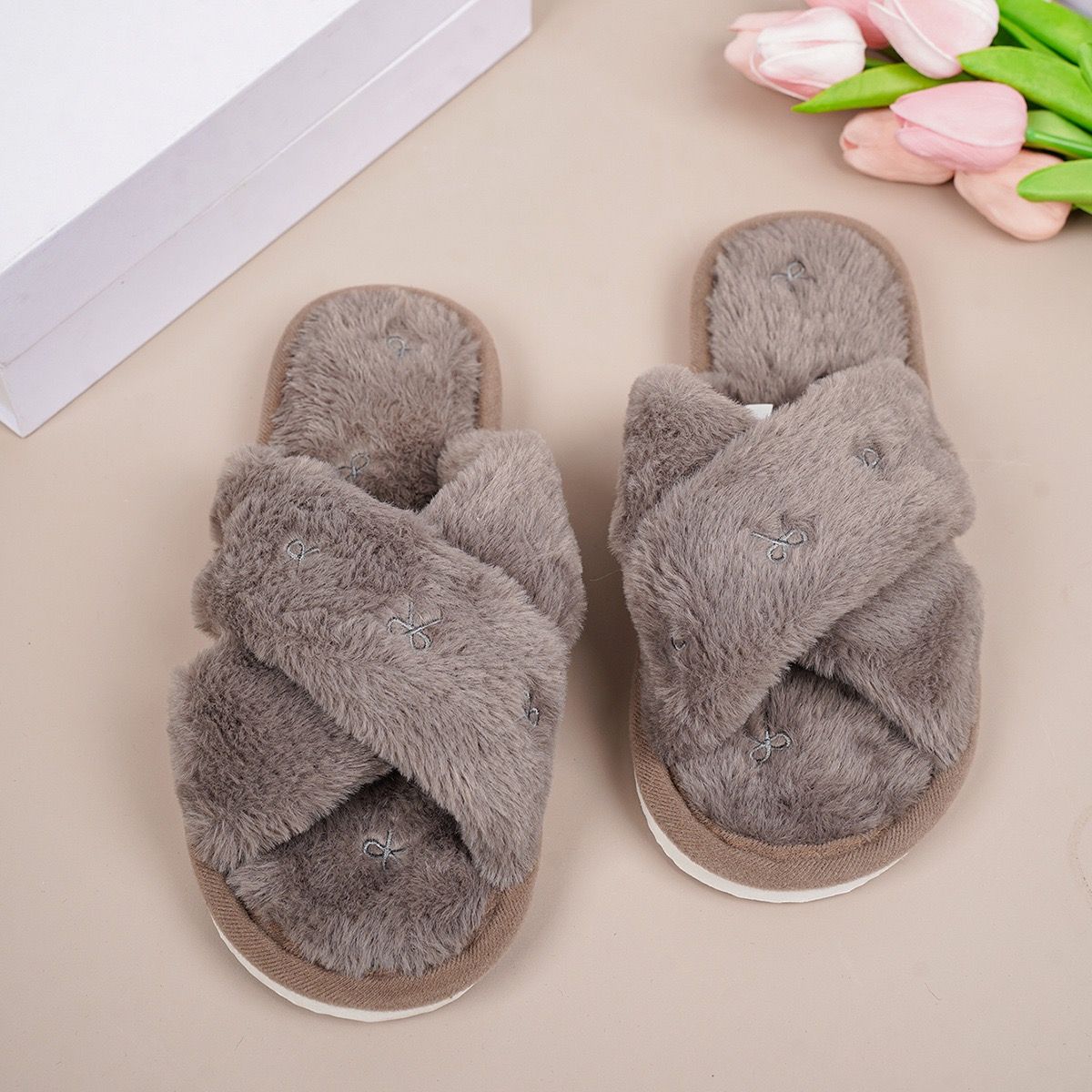 Cozy Cross-Band Plush Slippers with Embroidered Bow view 4
