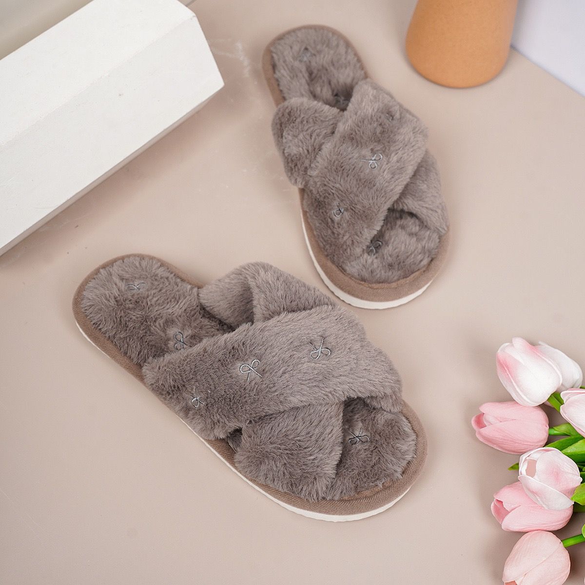 Cozy Cross-Band Plush Slippers with Embroidered Bow view 5