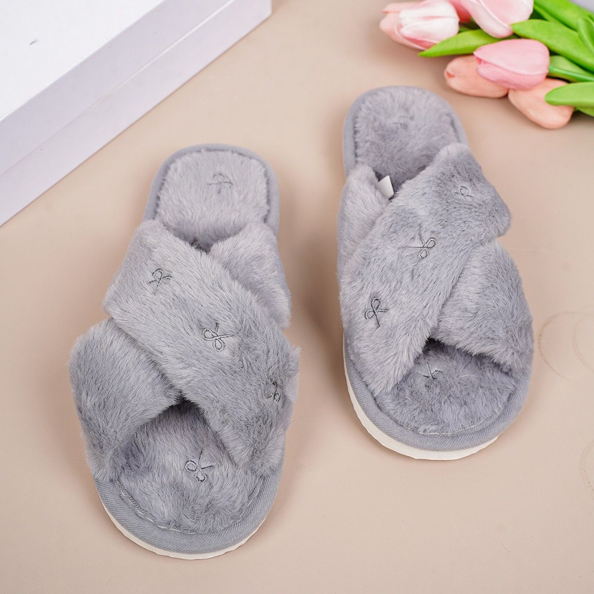 Cozy Cross-Band Plush Slippers with Embroidered Bow view 10