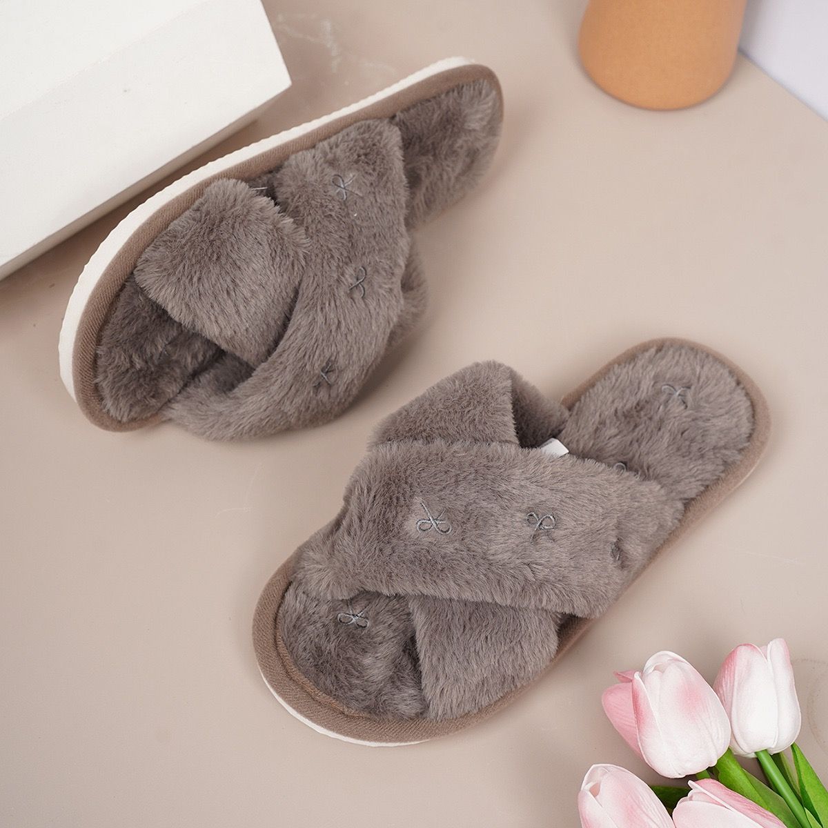 Cozy Cross-Band Plush Slippers with Embroidered Bow view 6