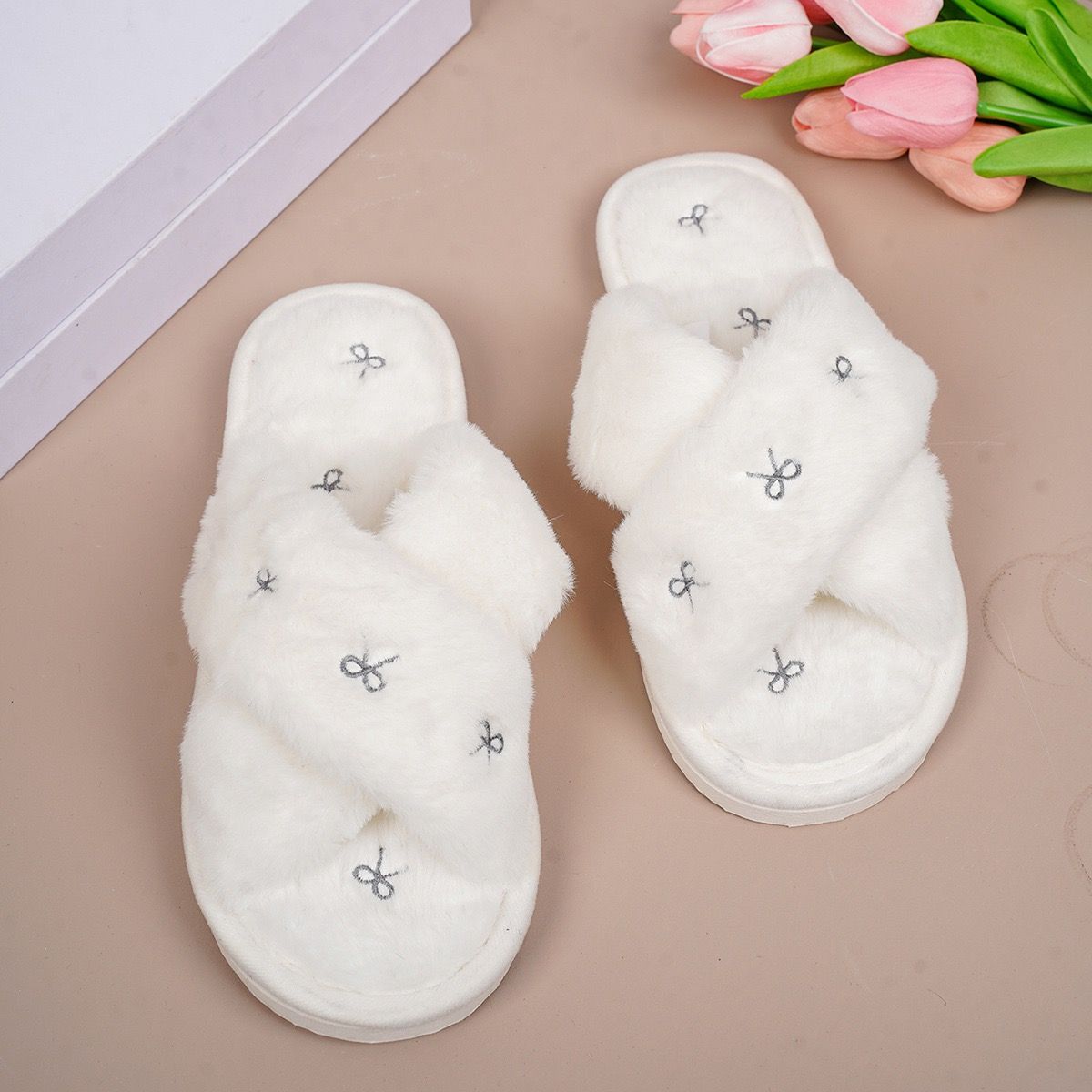 Cozy Cross-Band Plush Slippers with Embroidered Bow view 9