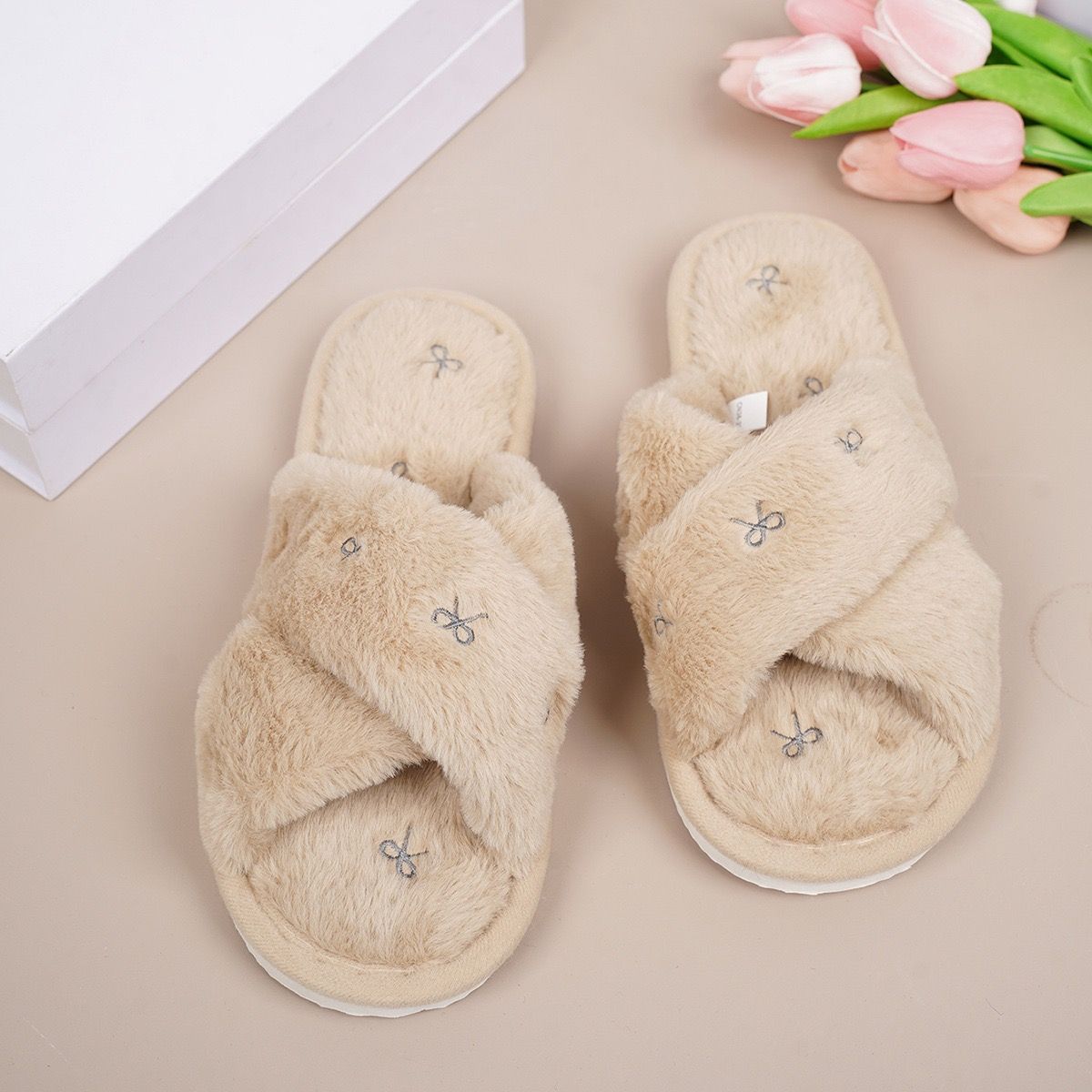 Cozy Cross-Band Plush Slippers with Embroidered Bow view 10