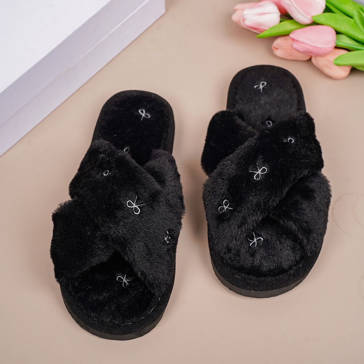 Cozy Cross-Band Plush Slippers with Embroidered Bow view 10