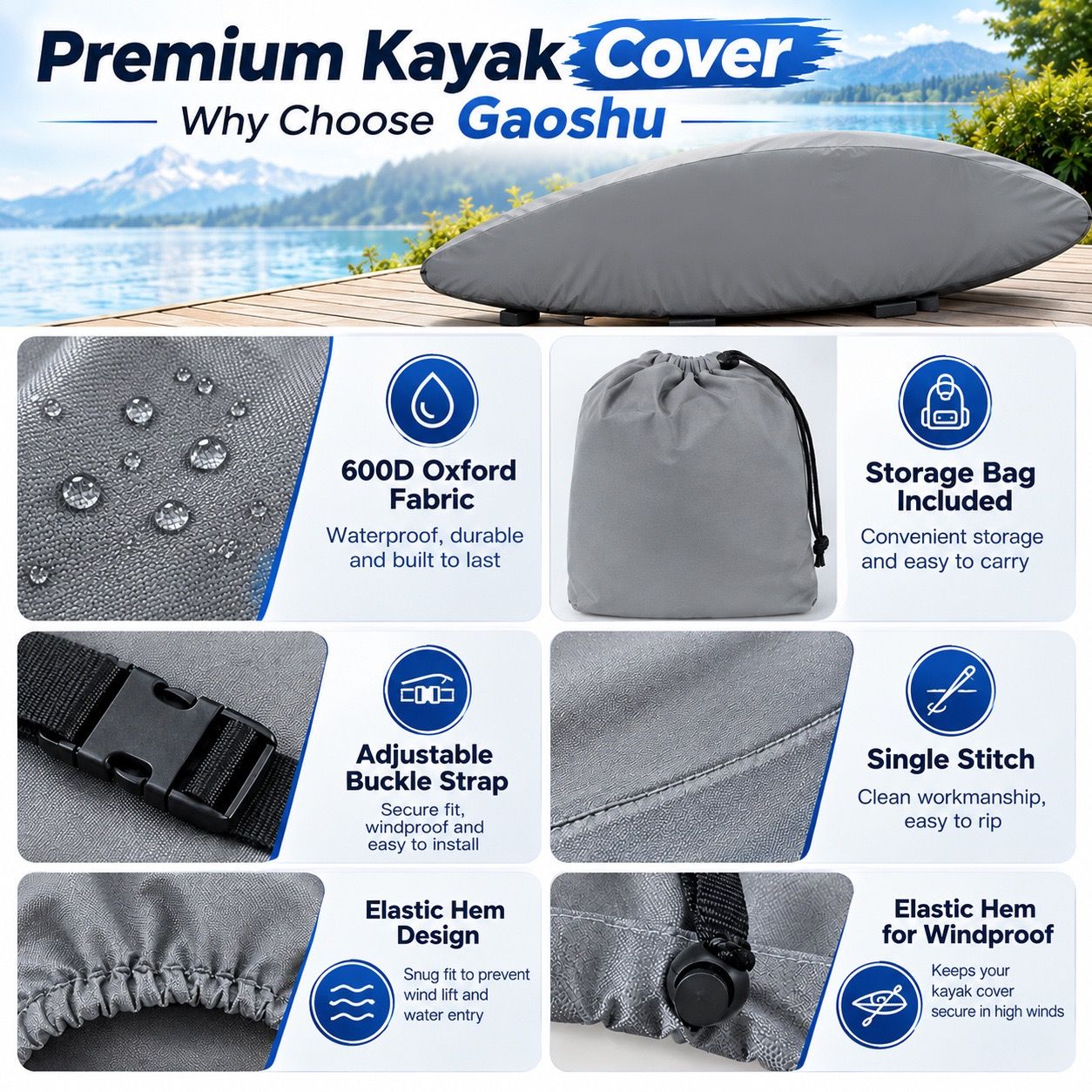 Heavy-Duty 600D Oxford Kayak Cover Waterproof UV-Resistant Canoe Protector view 3