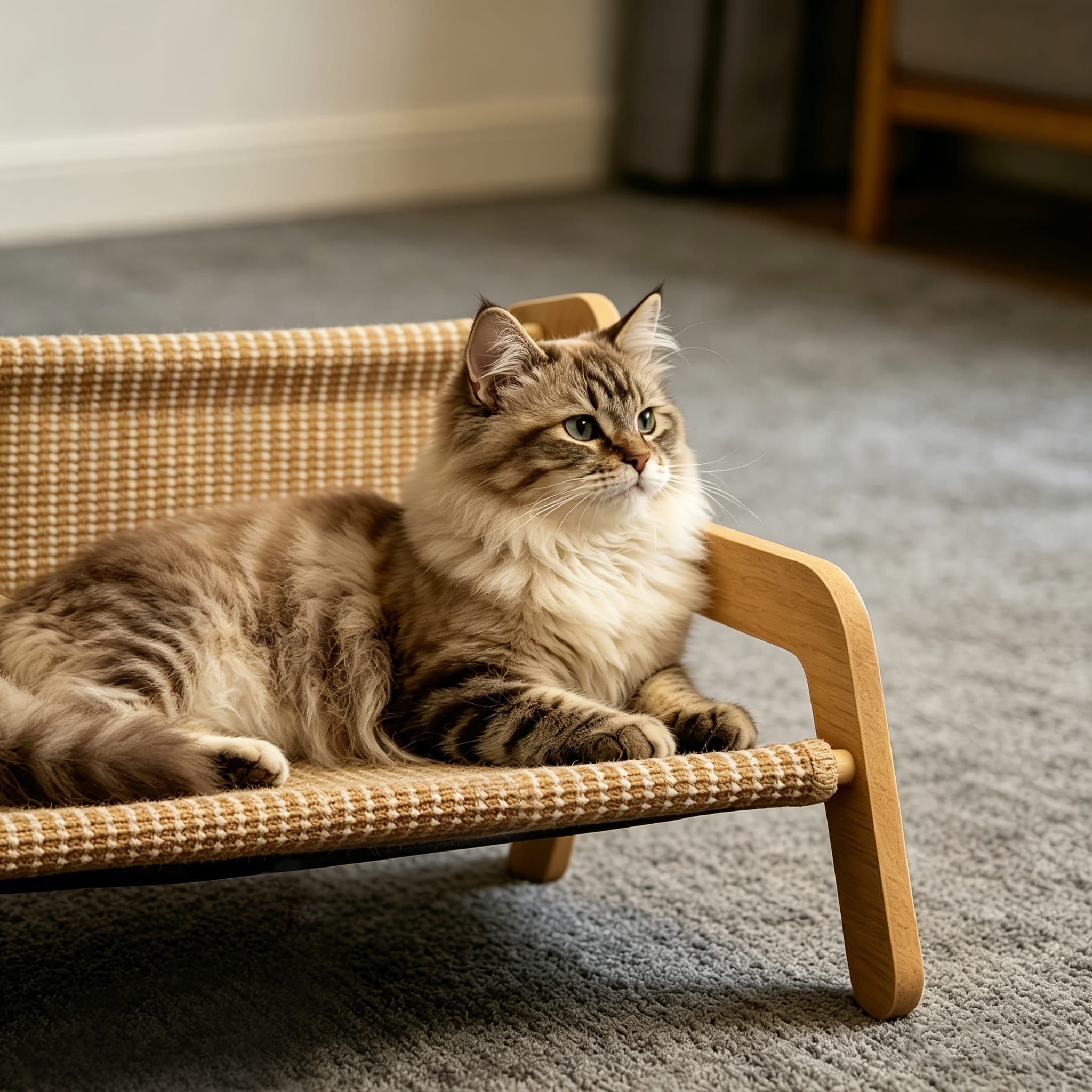Curved Wooden Cat Lounge Chair with Sisal Scratching Surface – Hammock-Style view 2