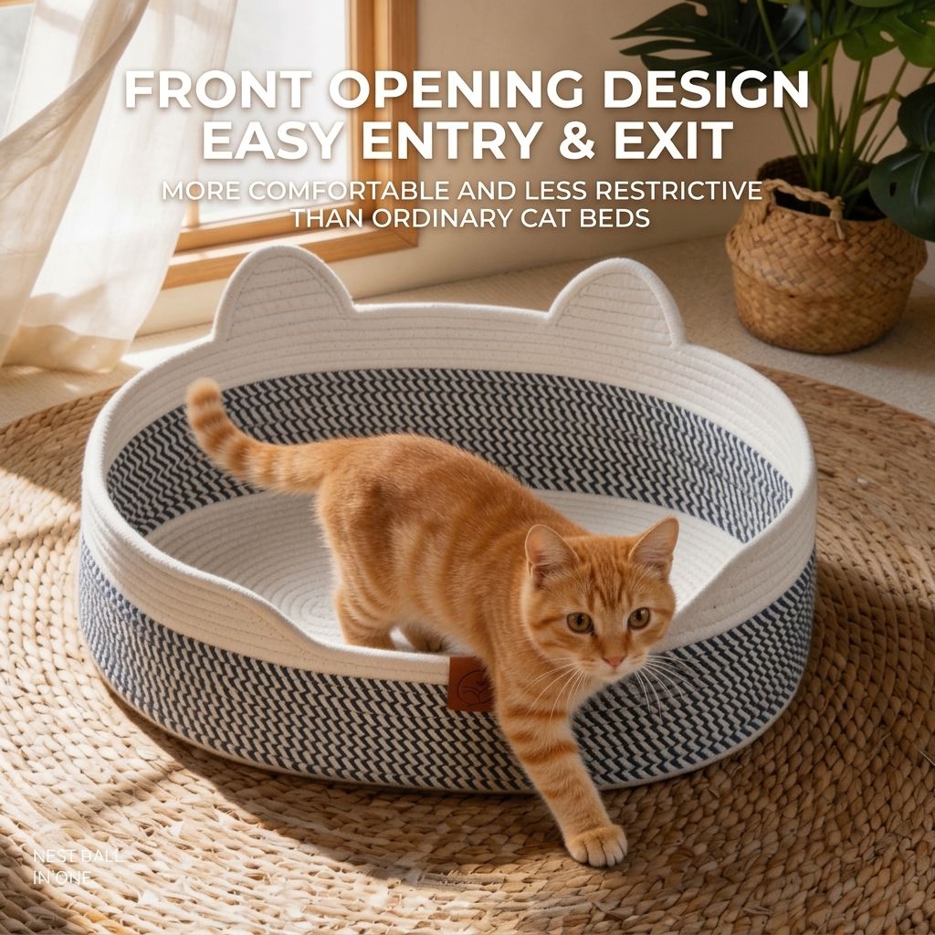 Handwoven Cotton Rope Cat Bed with Adorable Cat-Ear Design view 2