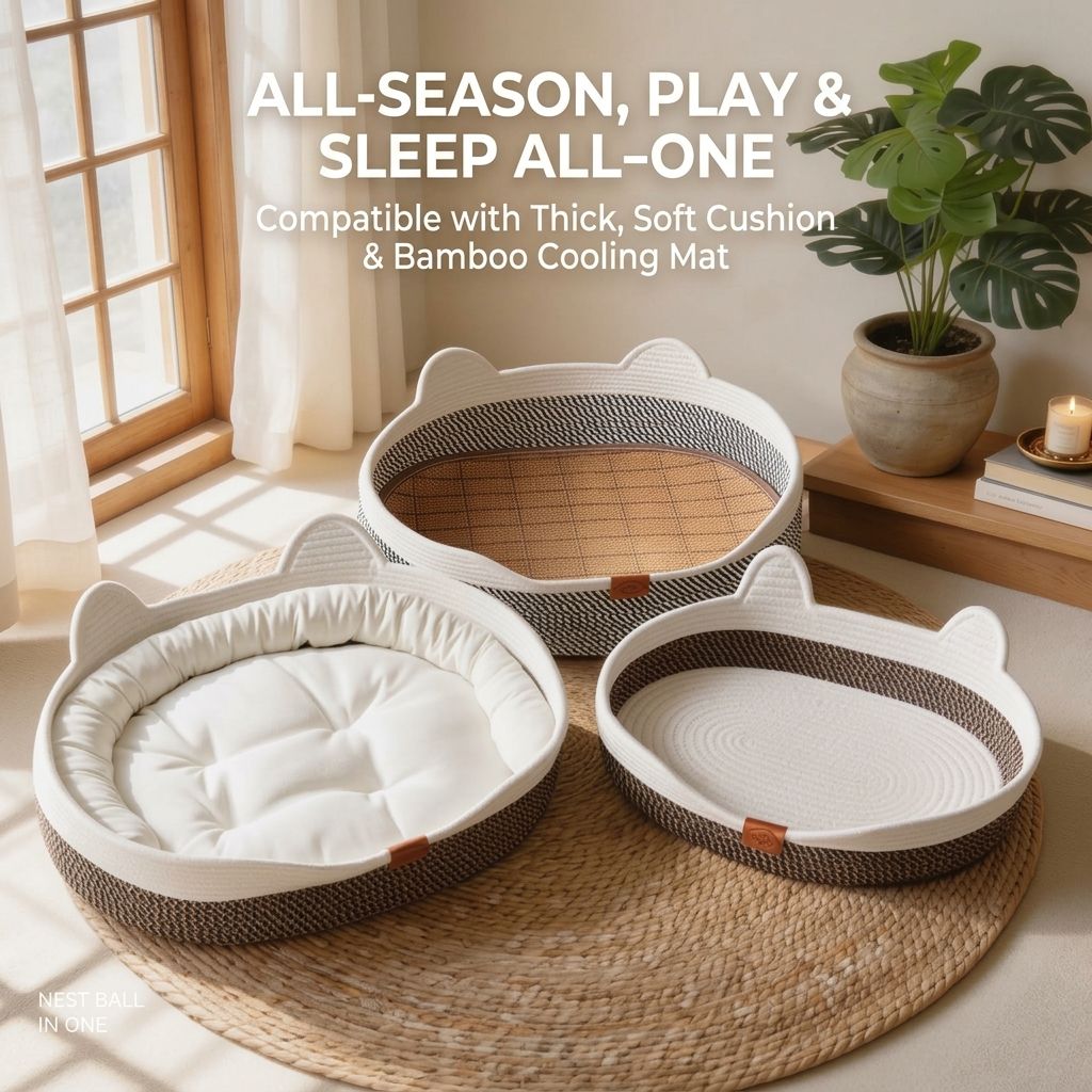 Handwoven Cotton Rope Cat Bed with Adorable Cat-Ear Design view 3