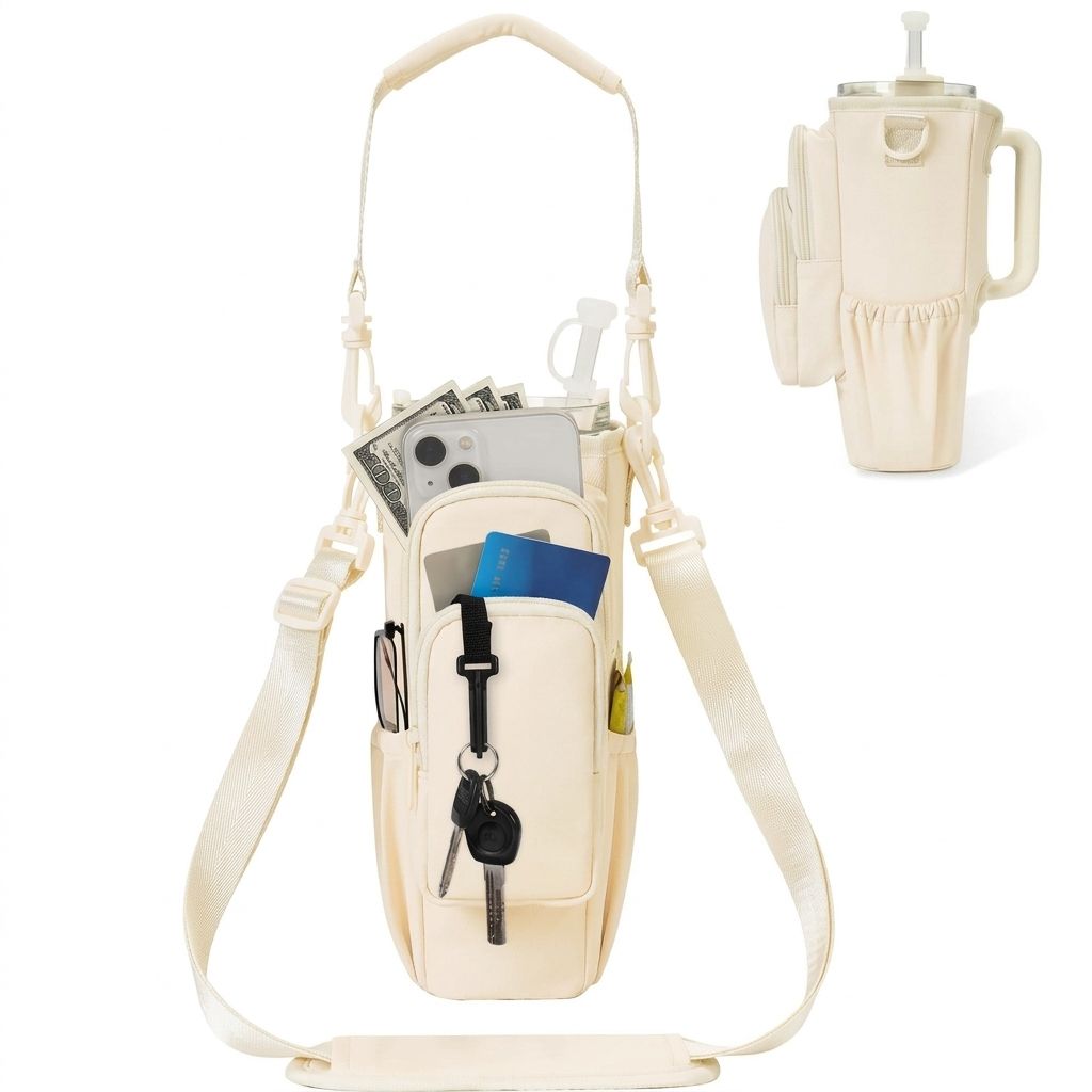 Portable Crossbody Insulated Cup Carrier Sleeve with Adjustable Strap and