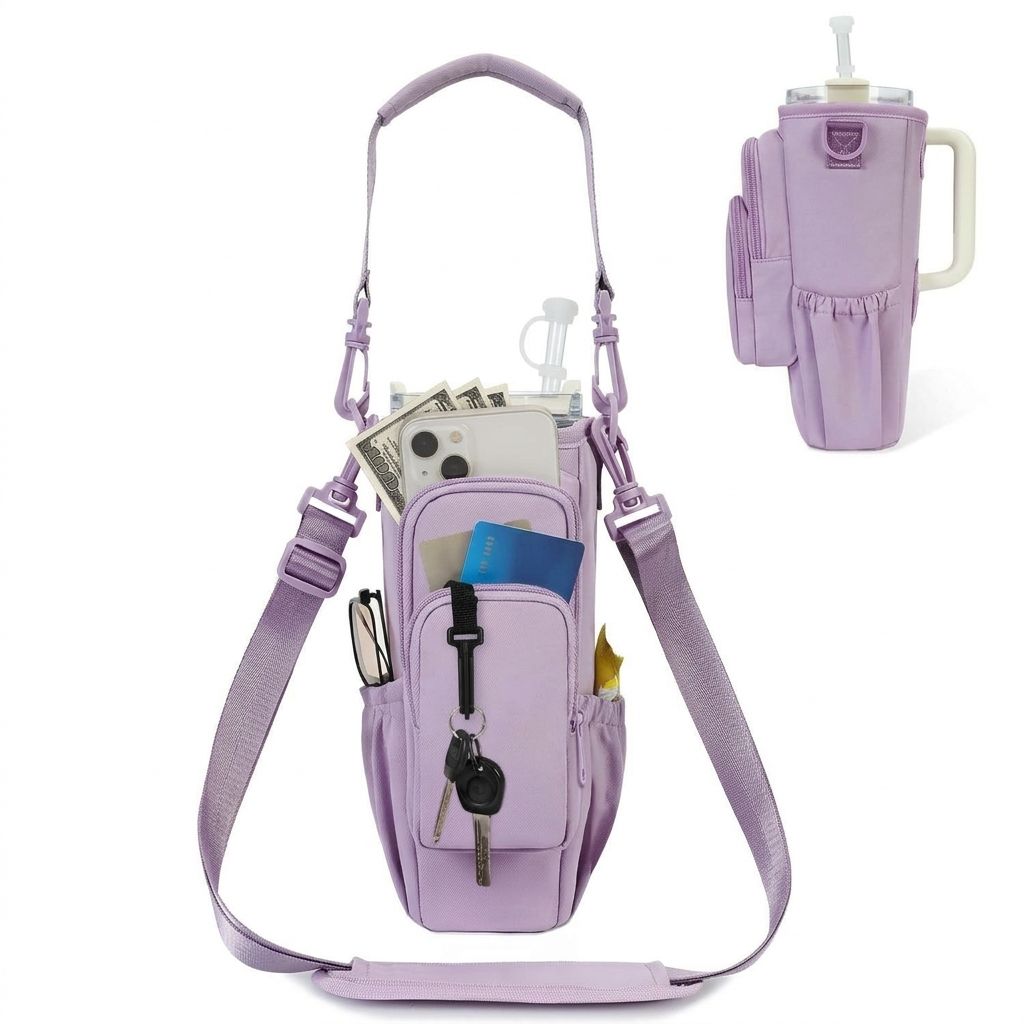 Portable Crossbody Insulated Cup Carrier Sleeve with Adjustable Strap and