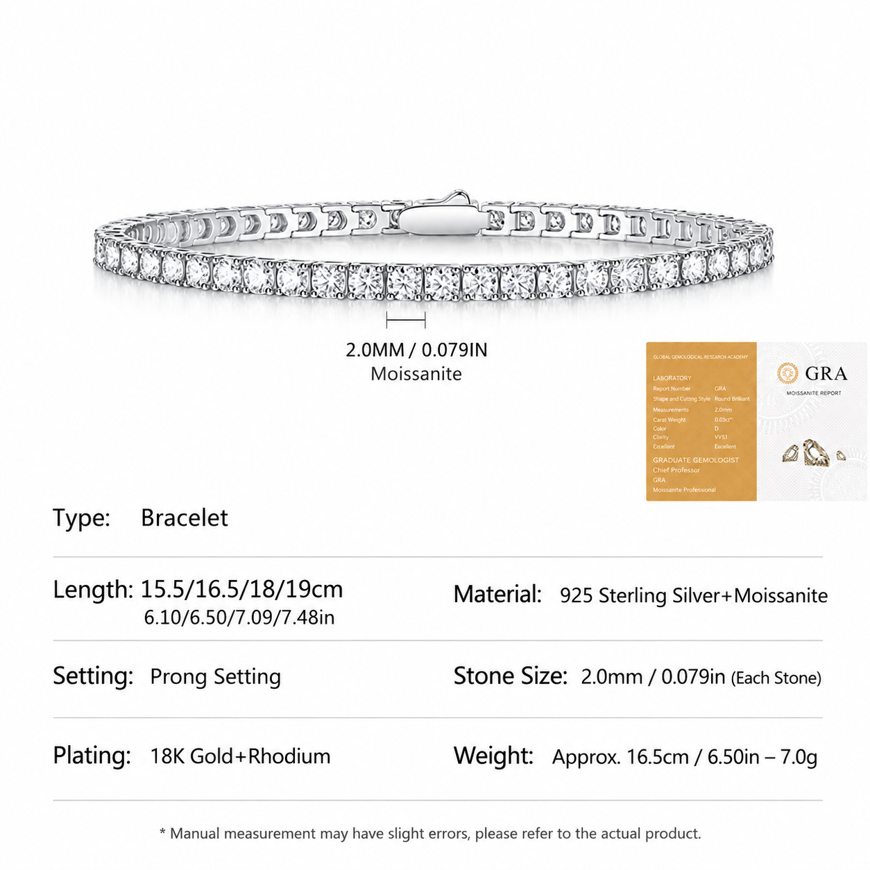 Elegant Moissanite Tennis Bracelet in 925 Sterling Silver with 18K Gold and