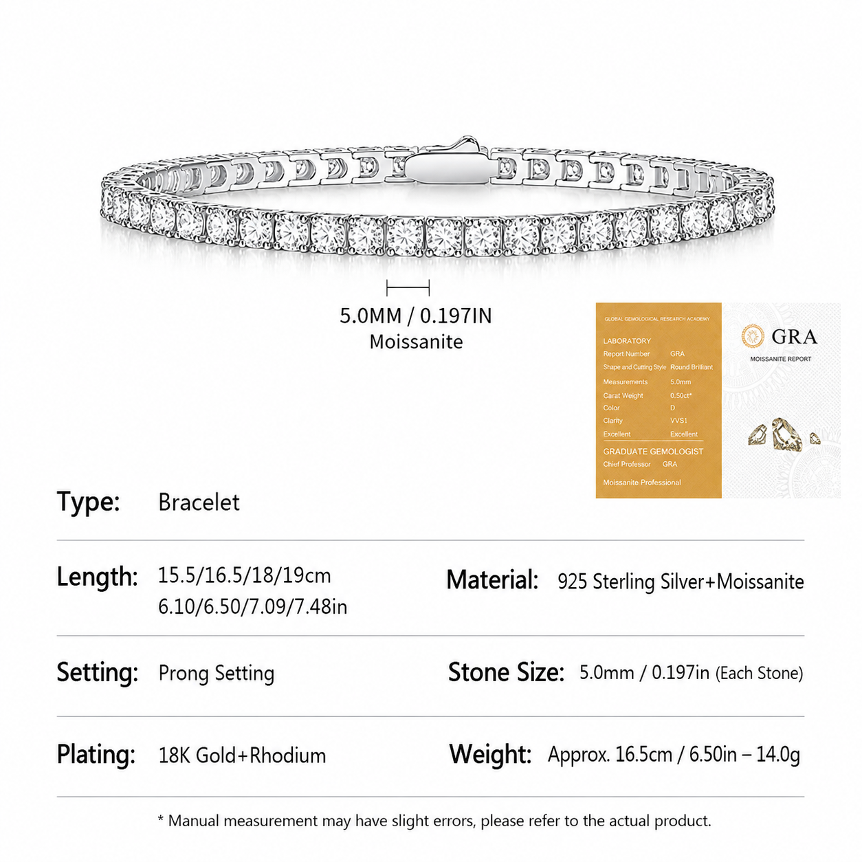 Elegant Moissanite Tennis Bracelet in 925 Sterling Silver with 18K Gold and