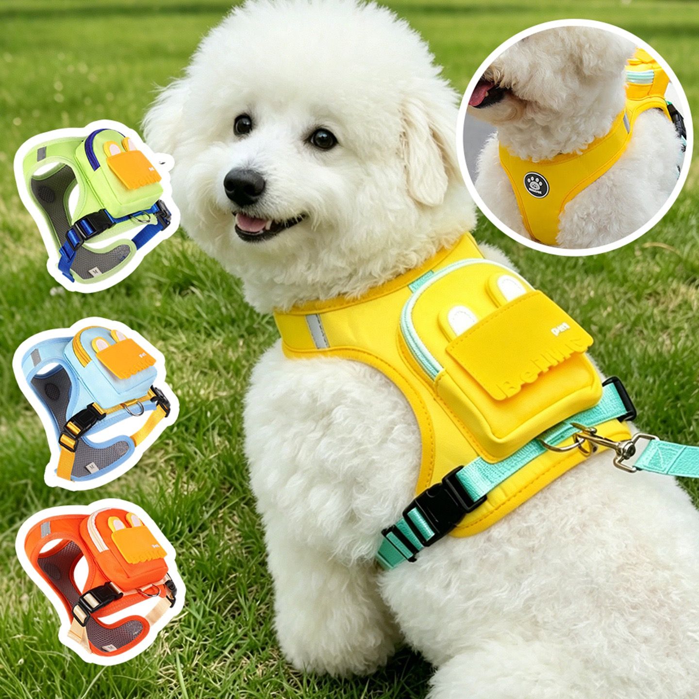 Stylish Color-Block Dog Backpack Harness with Built-in Poop Bag Dispenser view 3