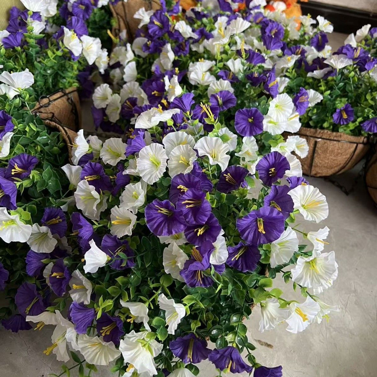 Artificial Petunia Hanging Flower Arrangement Red White Blue Flowers Outdoor