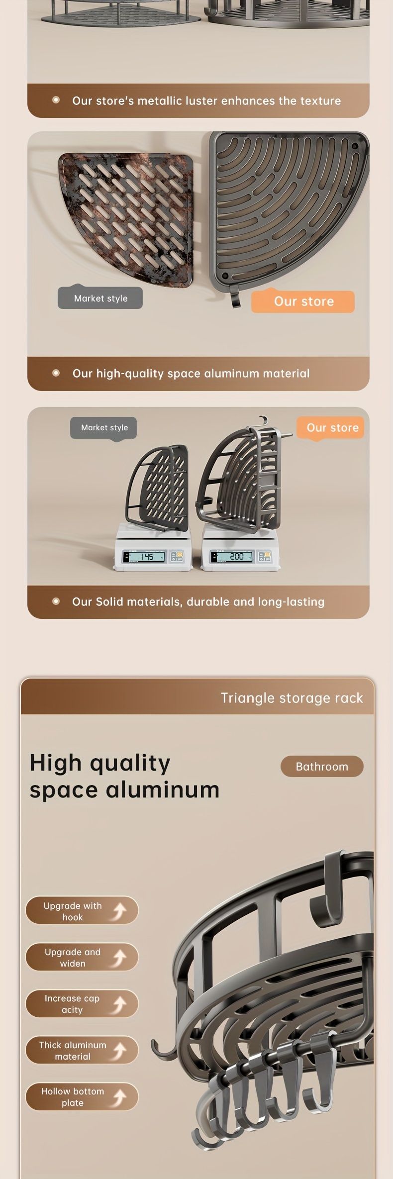 Gray Shower Caddy 3-Tier Corner Caddy Shower Hooks Bathroom Storage Rust-Resistant view 13