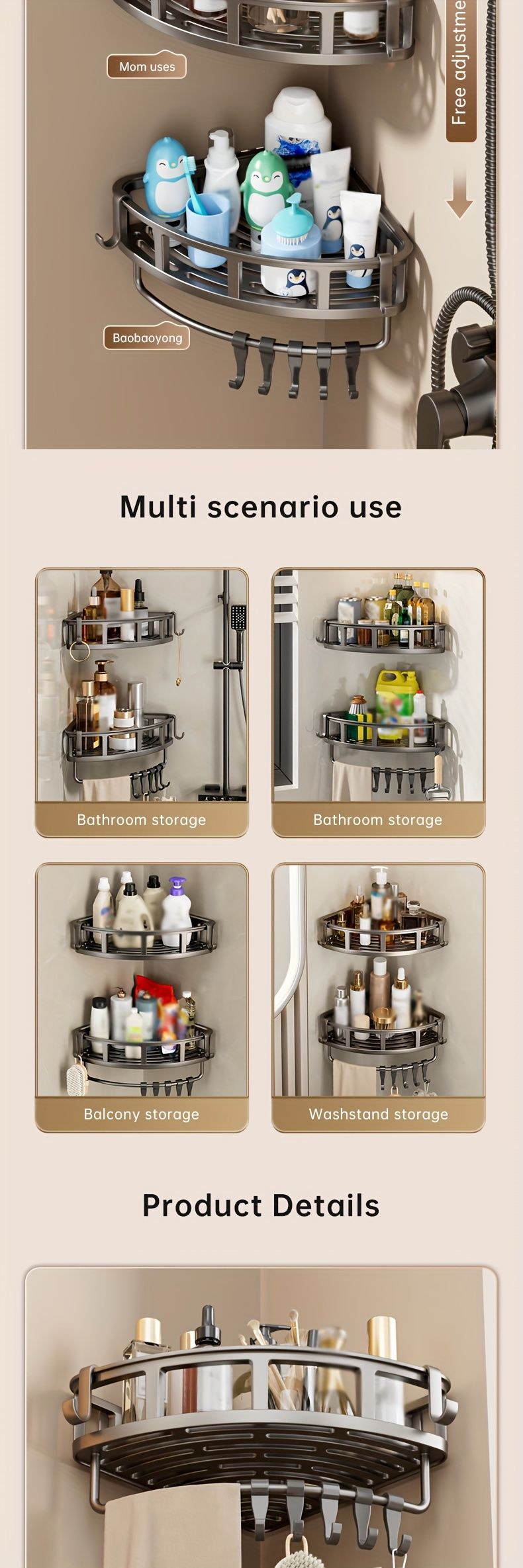 Gray Shower Caddy 3-Tier Corner Caddy Shower Hooks Bathroom Storage Rust-Resistant view 14