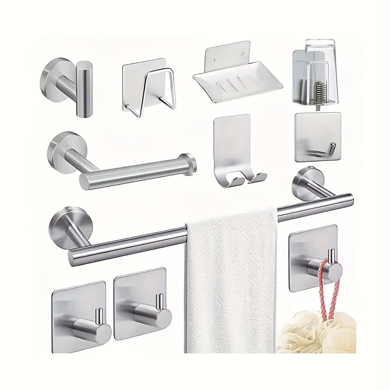 Silver Gray Bathroom Shower Accessories 11-Piece Set Towel Bars Hooks Soap
