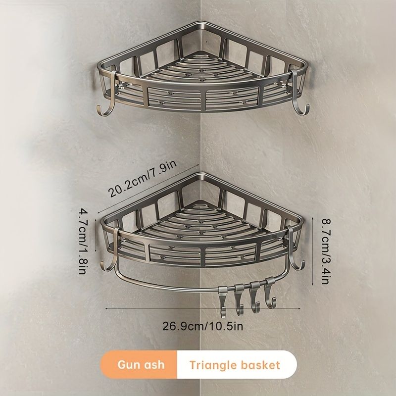 Gray Shower Caddy Corner Caddy 2-Tier Hooks Rod Bathroom Storage Shower Organizer view 3
