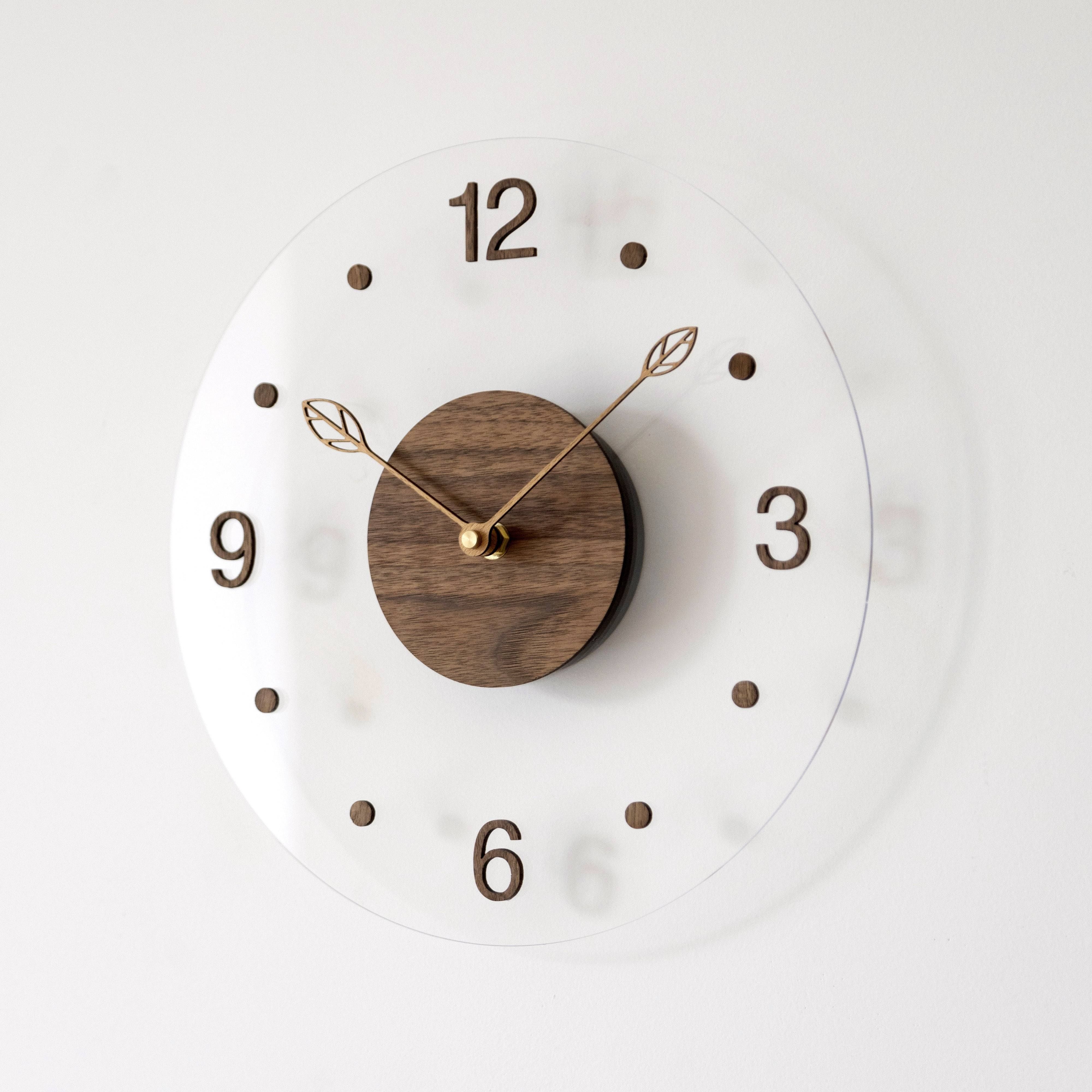 Brown Black Modern Wall Clock Transparent Clock Wooden Centre Clock Leaf Hands view 3