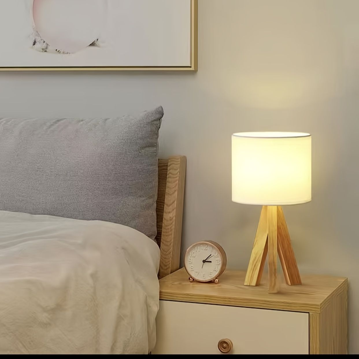 Beige tripod table lamp, bedside lamp, desk lamp, home lighting, wooden lamp view 10