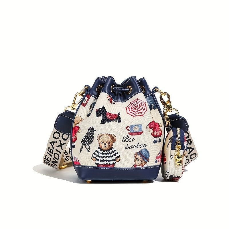 Women'S Bucket Bag Bear Print Handbag Trendy Handbag British Style Bag - Brown view 2
