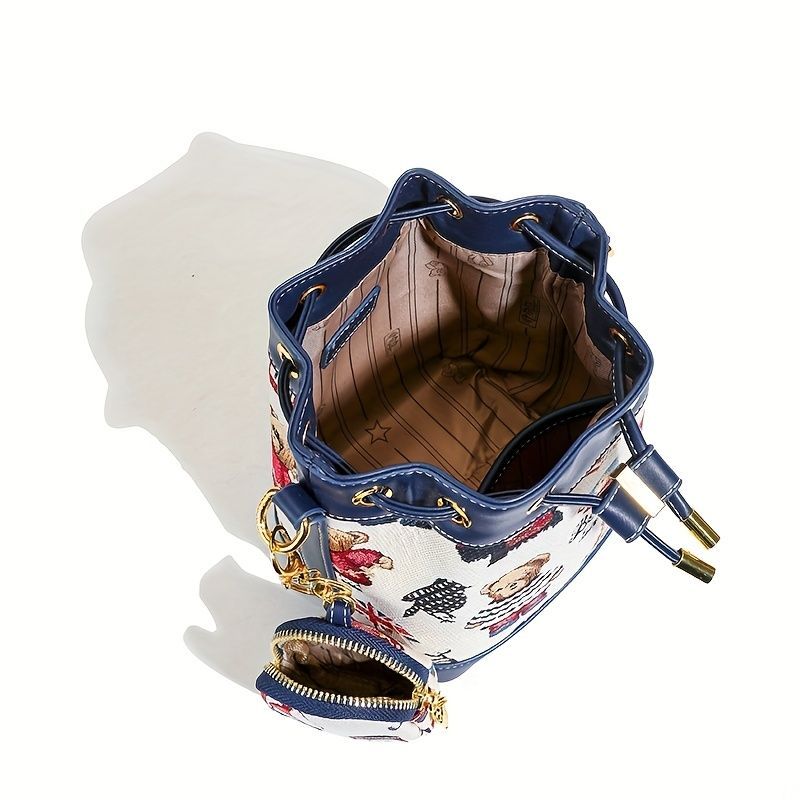 Women'S Bucket Bag Bear Print Handbag Trendy Handbag British Style Bag - Brown view 6