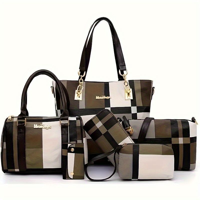 Women'S Bag Set Six Piece Bag Set Checkered Bag Large Capacity Bag Korean