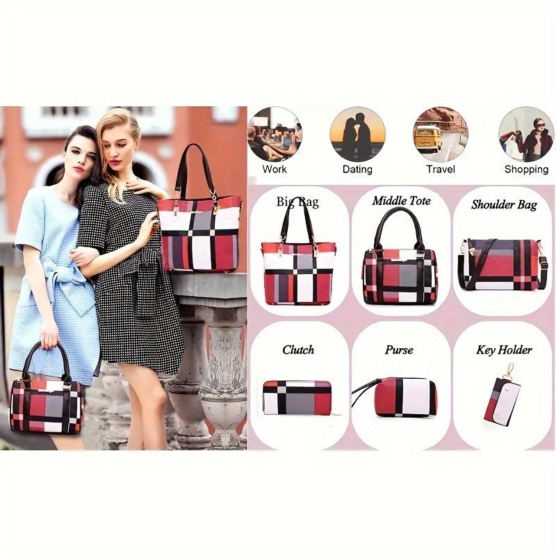 Women'S Bag Set Six Piece Bag Set Checkered Bag Large Capacity Bag Korean view 12