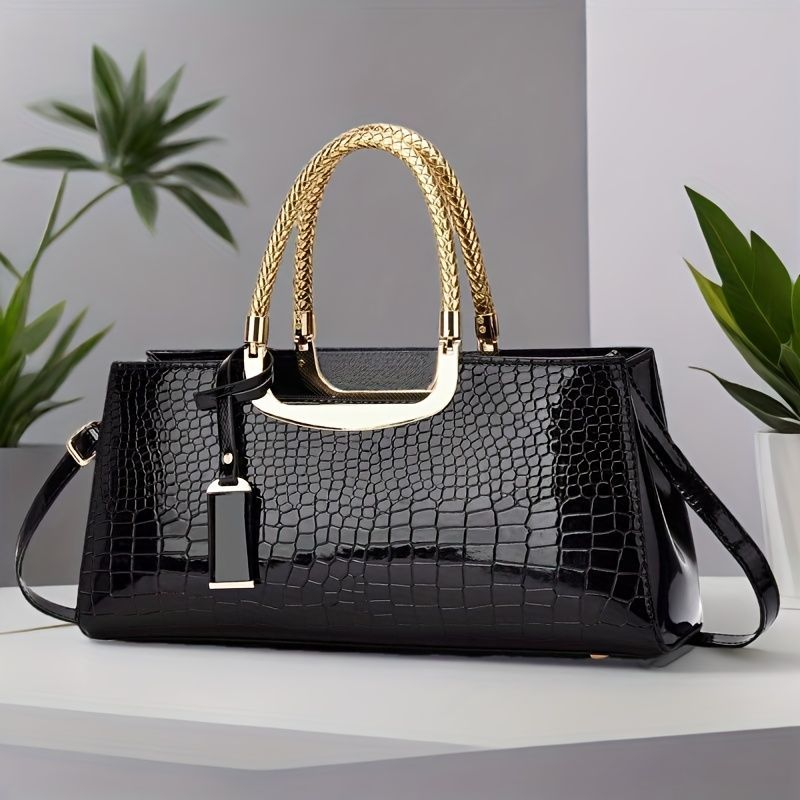 Black Tote Bag Patent Croc Embossed Gold Handles Stylish Accessory High