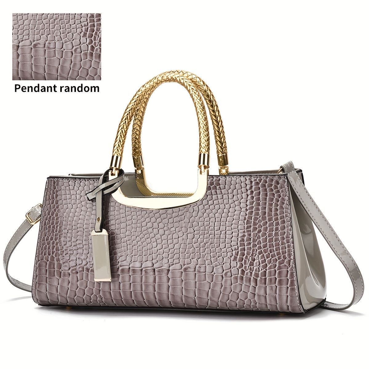 Black Tote Bag Patent Croc Embossed Gold Handles Stylish Accessory High view 5