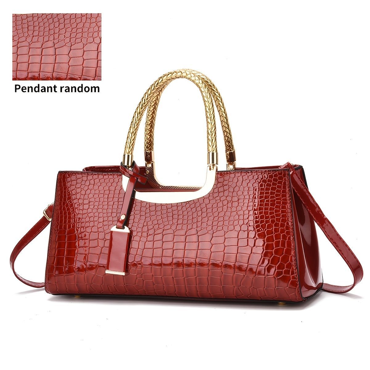 Black Tote Bag Patent Croc Embossed Gold Handles Stylish Accessory High view 4