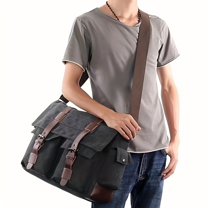 Black Men'S Canvas Messenger Bag Durable Work Bag Laptop Shoulder Bag Australian view 6