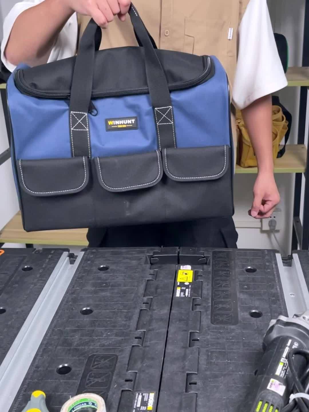 Black tool storage bag, large capacity tool bag, heavy duty tool organizer