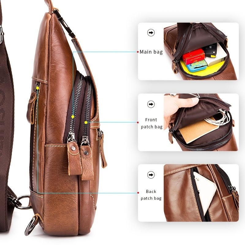Brown Black Leather Sling Bag Crossbody Bag Chest Bag Travel Bag Quality view 4