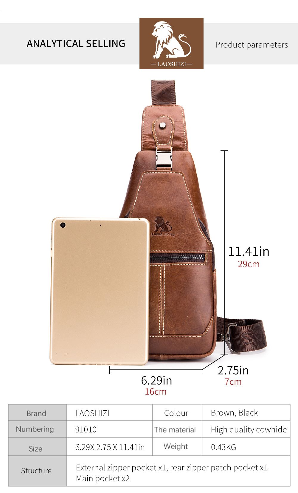 Brown Black Leather Sling Bag Crossbody Bag Chest Bag Travel Bag Quality view 9