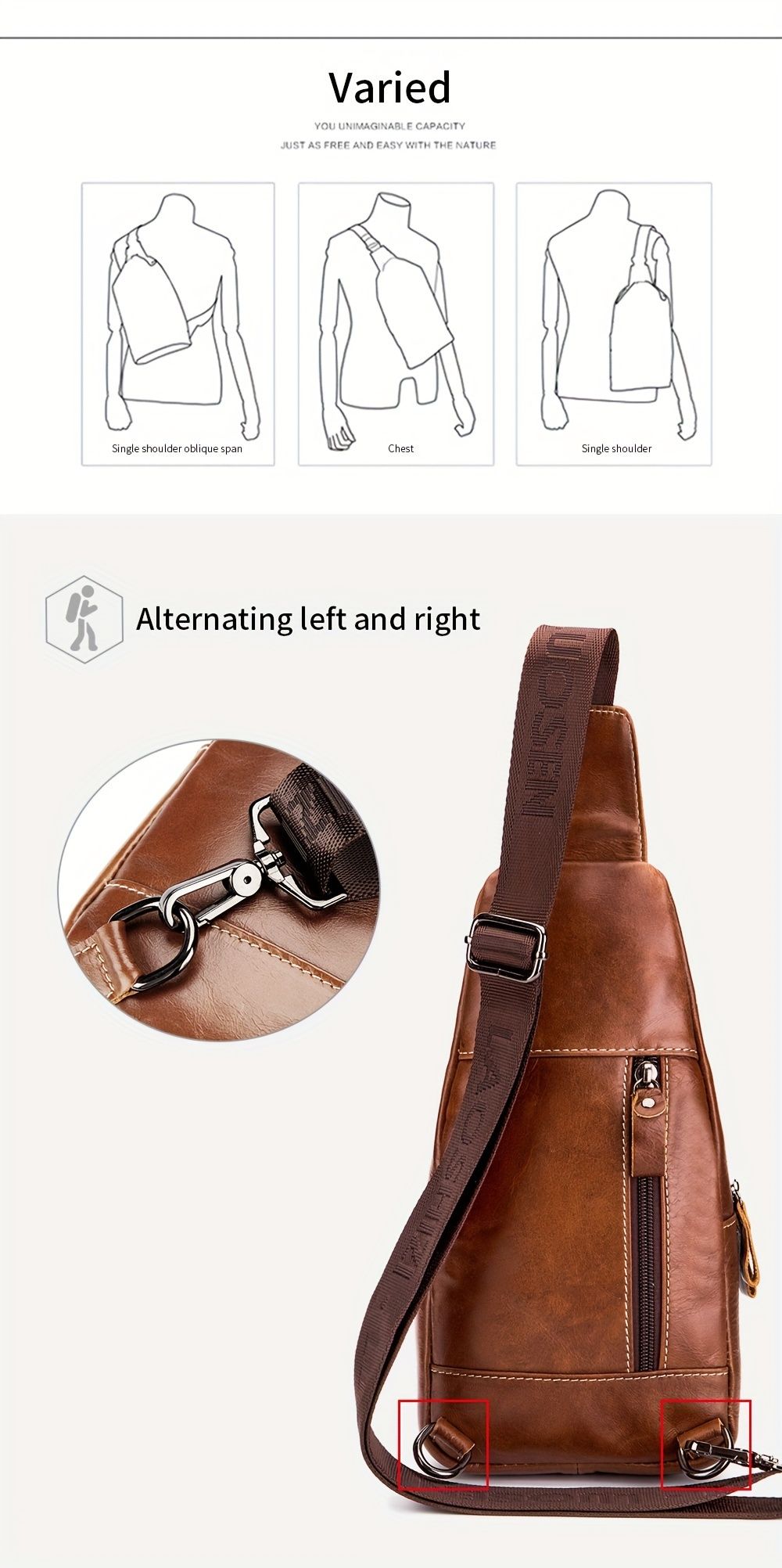 Brown Black Leather Sling Bag Crossbody Bag Chest Bag Travel Bag Quality view 10