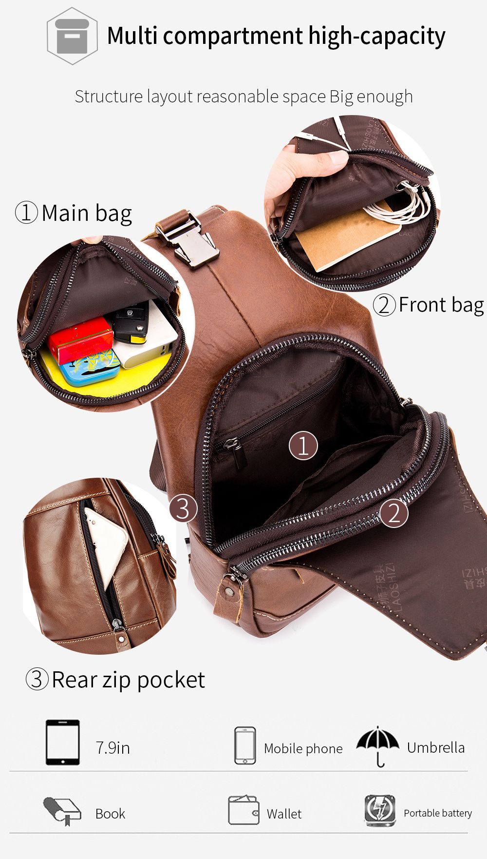 Brown Black Leather Sling Bag Crossbody Bag Chest Bag Travel Bag Quality view 13