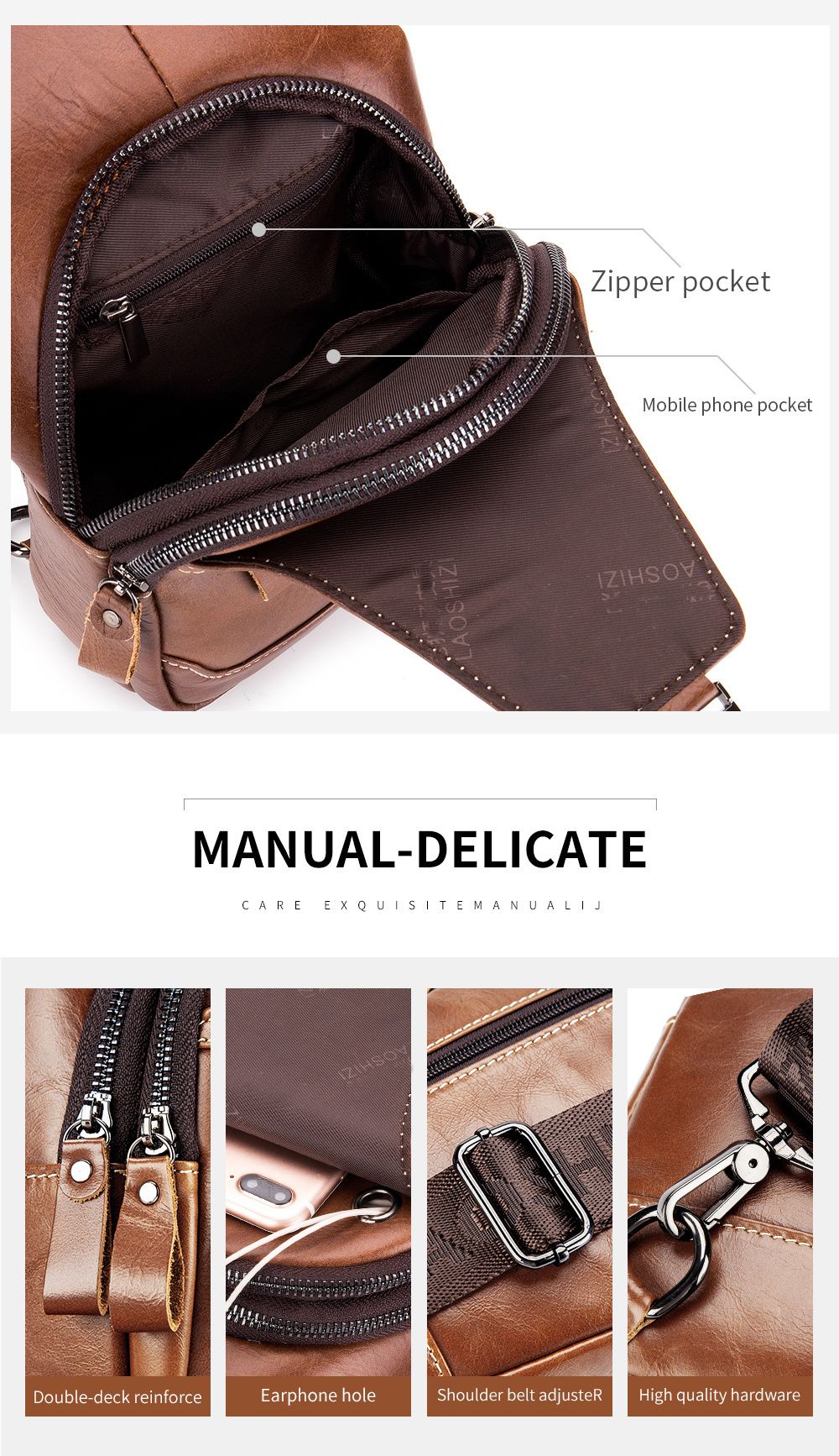 Brown Black Leather Sling Bag Crossbody Bag Chest Bag Travel Bag Quality view 14